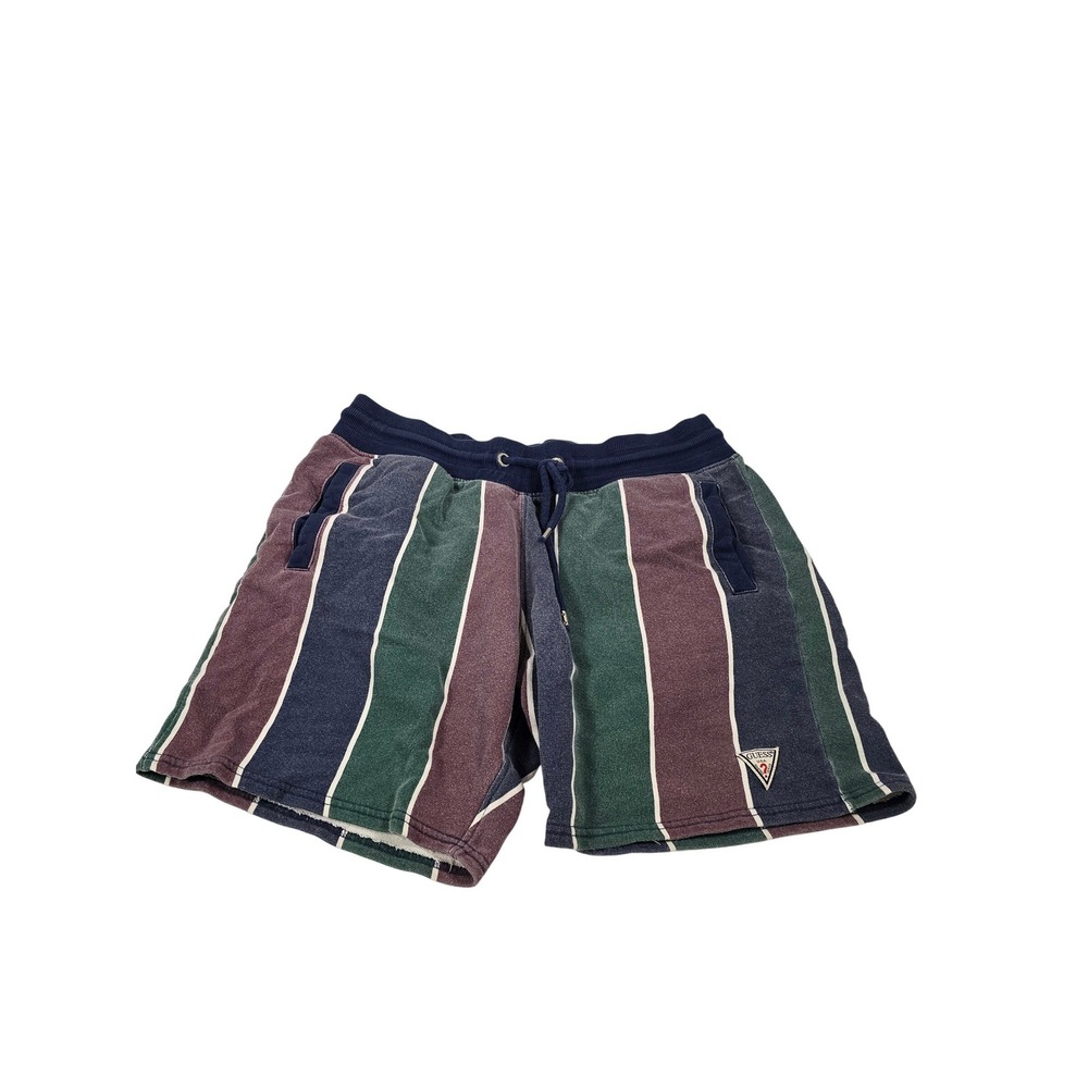 Guess Los Angeles Mens Vertical Stripe Fleece Sweat Shorts Navy Green Burgundy M